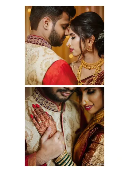 Two intimate portraits of Shivani and Amey. The focus is on their close connection, highlighting the beautiful details of their traditional attire and the warmth between them.