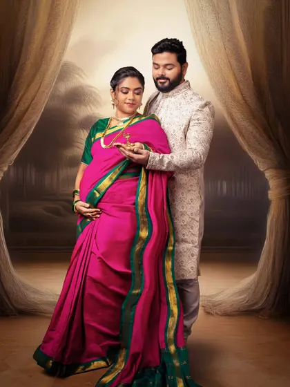 A couple's portrait within our Raja Varma inspired series. The partner joins the frame, creating a composition that speaks of shared heritage and the joint celebration of new life, all within a painterly aesthetic.