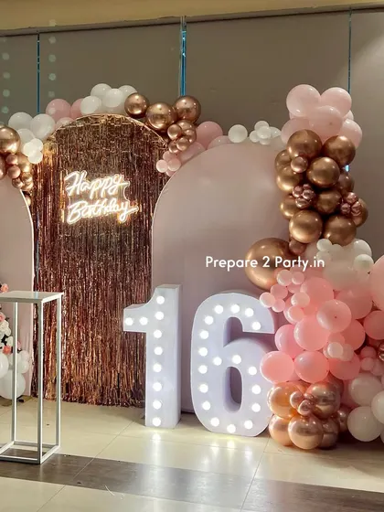 My 16th birthday designs are all about making a statement. I use trendy elements like shimmer walls, neon signs, and beautiful color combinations to create the perfect party backdrop.