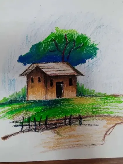 A serene landscape drawing of a hut by Anaya, a 9th standard student. She has used oil pastels on paper to create beautiful textures for the grass and tree.