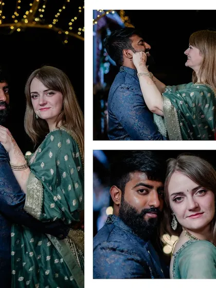 A collage of candid and posed portraits of the couple at their reception.