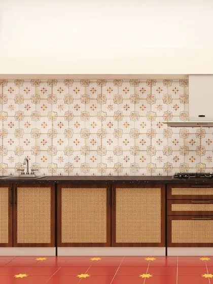 In this North Bangalore project, I designed a traditional kitchen using rattan and wooden shutters. The patterned tiles and red oxide-style flooring give it a timeless, classic Indian home vibe.
