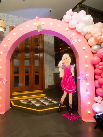 The light-up entrance arch for the Barbie party, setting a glamorous tone from the moment guests arrive.