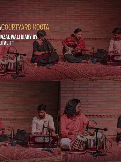 A collage of photos from the "Ghazal Wali Diary" performance by Muqtalif. It shows the full band, including tabla, harmonium, guitar, and vocals, creating a rich, layered sound.