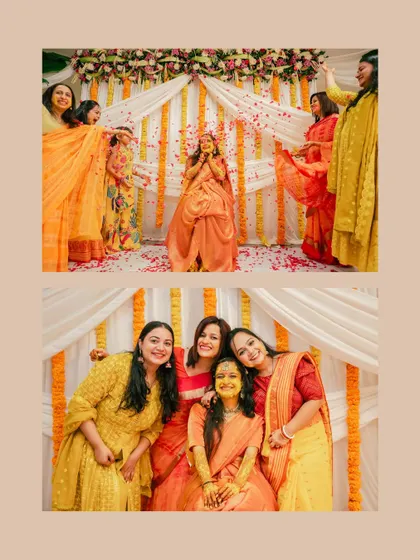 A collage of happy moments from a Haldi ceremony, with the bride surrounded by her friends and family, showered with flower petals.