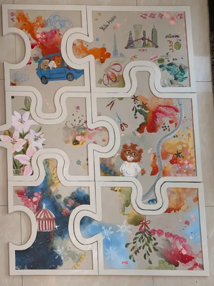 This custom puzzle artwork tells the story of a couple's journey. Each piece represents a special memory, from their travels to Paris to their beloved dogs. I create these large multi-panel storyboards to capture the moments that define your relationship.