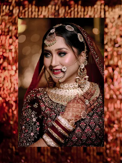 A beautifully framed close-up portrait of the bride, Pooja.