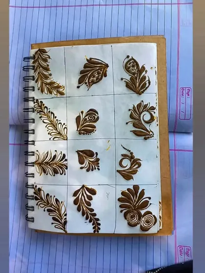 My practice book is filled with drills just like this. We work on different types of leaves and vines so you can build a visual library of elements to use in your own unique designs.