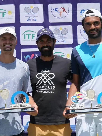 Proud coach moment. Standing with our champions Adil Kalyanpur and his partner after their ITF M25 doubles title win. I travel with our pros to provide the support they need to succeed.