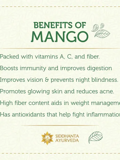 This list highlights the benefits of mangoes, from boosting immunity with Vitamin C to aiding weight management with their high fiber content. Enjoying seasonal fruits mindfully is a key part of an Ayurvedic lifestyle.