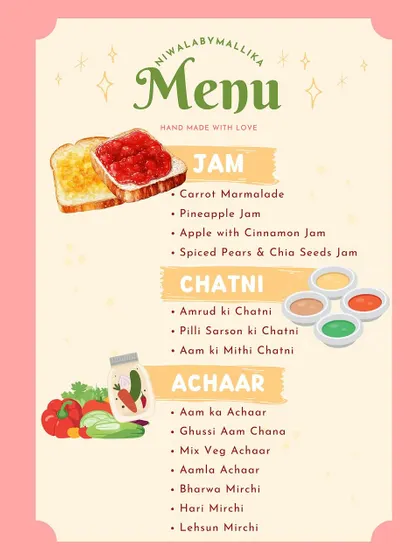Here is a look at my current menu of handmade jams, chutneys, and achaars. I make everything in small batches with seasonal ingredients, so you always get the freshest taste. You can find everything from classic Aam ka Achaar to my special Pineapple Jam.