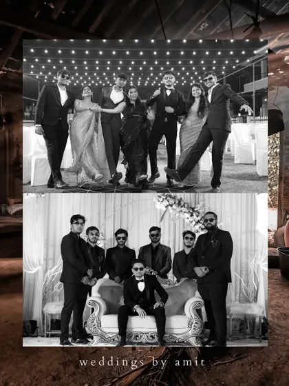 A black and white collage showing the groom's squad and the couple with their friends. These classic, fun shots are a must-have for any reception album.