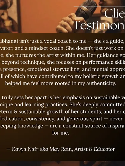 I believe in nurturing the whole artist, not just the voice. My guidance goes beyond technique to include performance skills, emotional storytelling, and building a confident mindset for long-term growth.