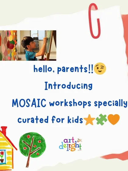 This graphic introduces our mosaic workshops, specially curated for kids. It's a great way to get them involved in a hands-on, creative activity.
