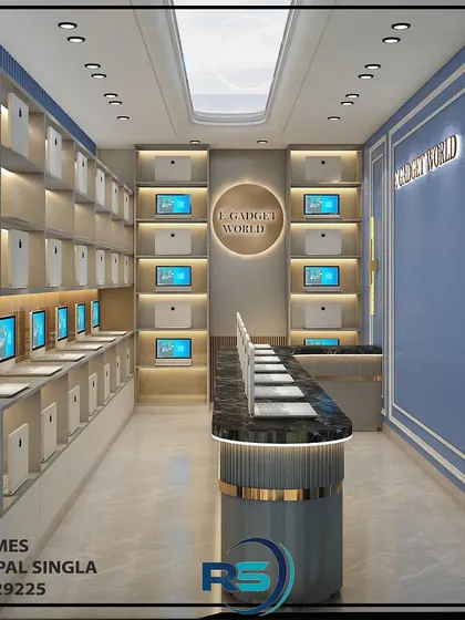 We designed this retail showroom for an electronics store. The layout features clean, well-lit display shelves and a central island to showcase products effectively and create a smooth customer flow.