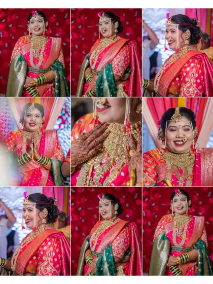 A collage of portraits showcasing the bride's beauty and her magnificent wedding attire from various angles.
