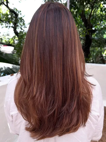 The straight, sleek version of her refreshed hair, showing off the precision of the cut and color.