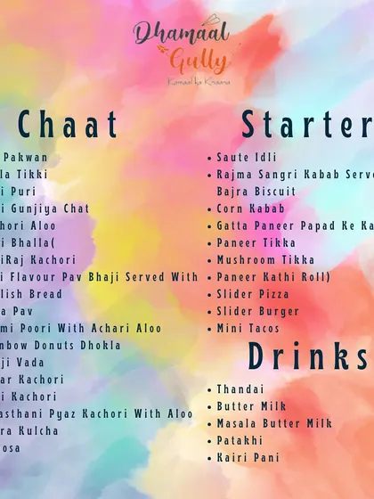My specially curated Holi menu, part one. It lists a wide variety of chaat, starters, and drinks, from Dahi Bhalla to Thandai, to make your celebration flavourful.