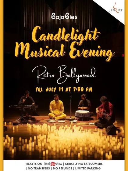 An unforgettable "Candlelight Musical Evening" at Jagriti. We host unique musical events, like this retro Bollywood night, where the stage is bathed in the warm glow of hundreds of candles, creating a truly magical atmosphere.