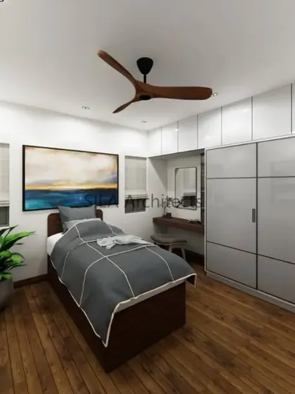 A bedroom design concept with a full-wall sliding wardrobe and a cozy bed, showcasing a simple yet elegant aesthetic. The wooden flooring adds a touch of warmth.