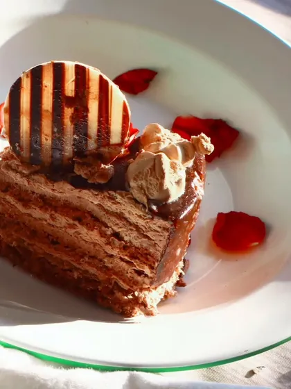 A close-up of the chocolate pastry, focusing on the decorative chocolate piece on top. The bright, direct sunlight creates strong shadows and highlights the glossy texture of the ganache.