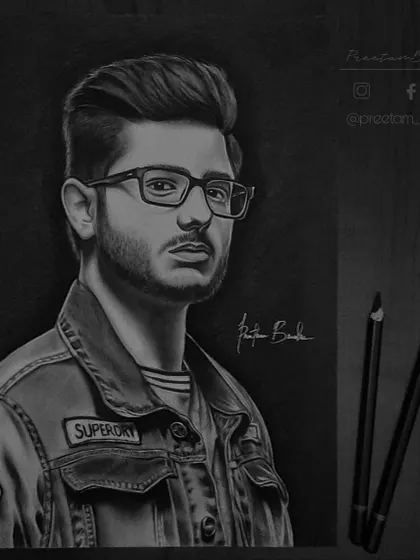 The 72-hour process of drawing CarryMinati. You can see how I start with the glasses and face, then build out the details of his signature denim jacket.