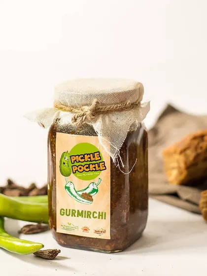 This is my granny's special Gurmirchi pickle, one of my hottest selling items. It has the perfect balance of sweet jaggery and spicy green chillies.