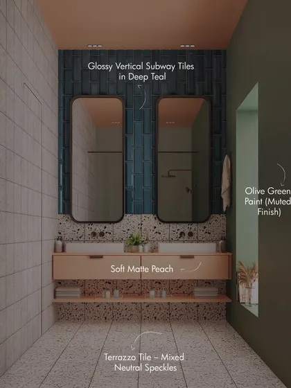 A breakdown of the materials used in this bathroom: glossy vertical subway tiles in deep teal, soft matte peach cabinets, and terrazzo tiles with mixed neutral speckles. Each element was chosen to create a harmonious and stylish space.