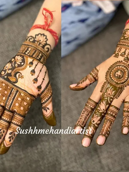 A beautiful split design for the back of the hands, featuring a peacock on one hand and a mandala on the other.