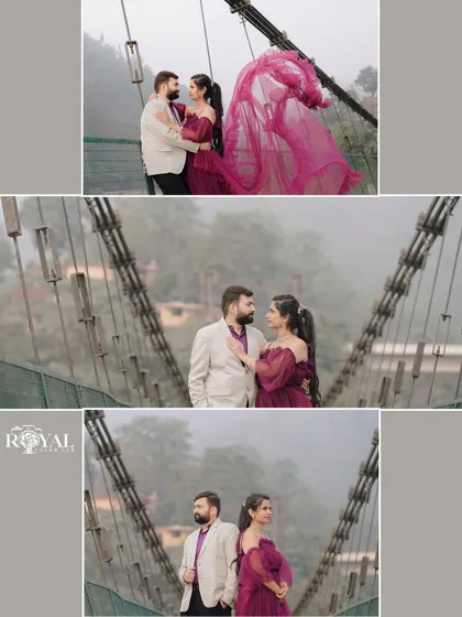 A collage capturing a couple in matching purple tones on a foggy day, creating a moody and romantic set of portraits.