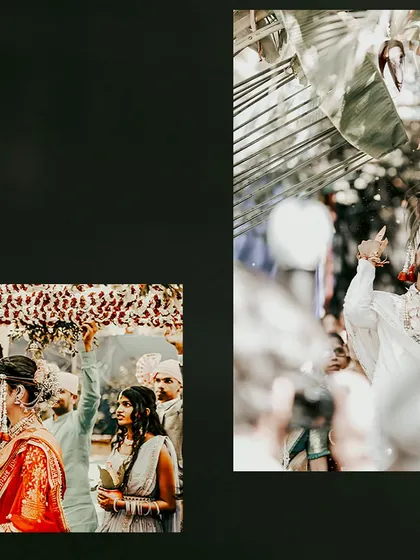 A collage capturing the dynamic moments of a wedding ceremony, from the groom's joyful expression to the traditional rituals.
