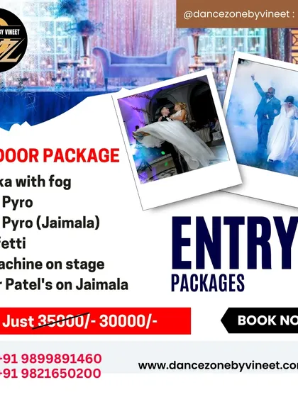 This outdoor entry package includes everything you need for a spectacular wedding entrance. We provide matkas with fog, cold pyros, confetti, a fog machine, and flower petals for the Jaimala.