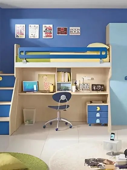 This loft bed design is a complete solution for a kid's room, featuring a bed, desk, and wardrobe all in one unit. The blue and natural wood color scheme is modern and cheerful.