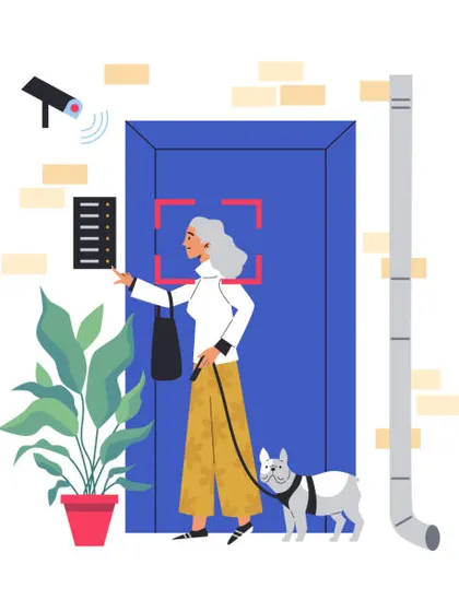 An illustration showing a resident using a video intercom system. Our solutions provide a safe and simple way to manage visitor access in apartment buildings and private homes.