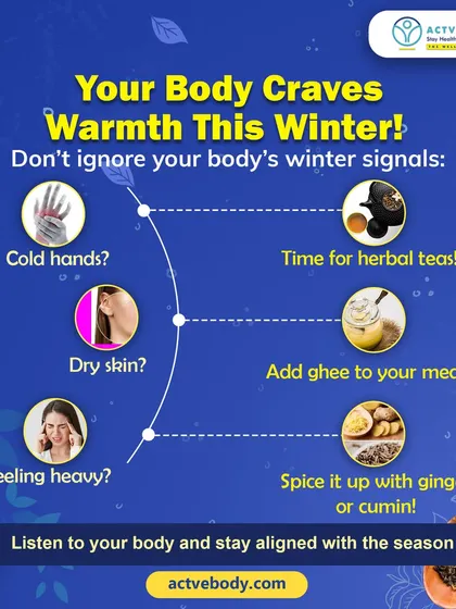 Your body craves warmth this winter, and you should listen to its signals. This infographic connects symptoms like cold hands and dry skin to Ayurvedic solutions like herbal teas and adding ghee to your meals.