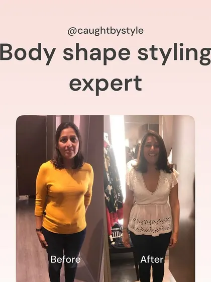 This before-and-after demonstrates how a different top can redefine a whole look. By understanding her body shape, we chose a piece that creates a more flattering neckline and silhouette.