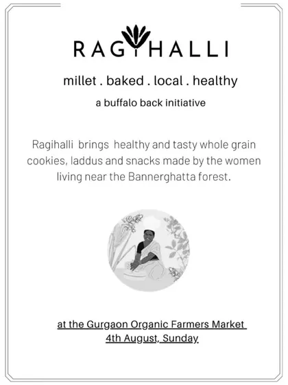 A poster for Ragi Halli, a women's collective from Bengaluru, showcasing their millet-based cookies and snacks.