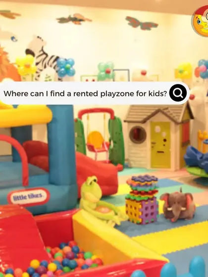 Looking for a rented playzone for kids? Look no further. This image shows a cozy and colorful indoor setup, complete with a Little Tikes bouncy castle, a playhouse, and soft animal toys.