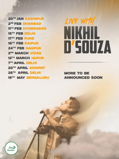 A tour poster showcasing the extensive run of shows we managed for indie-pop star Nikhil D'Souza across the country.