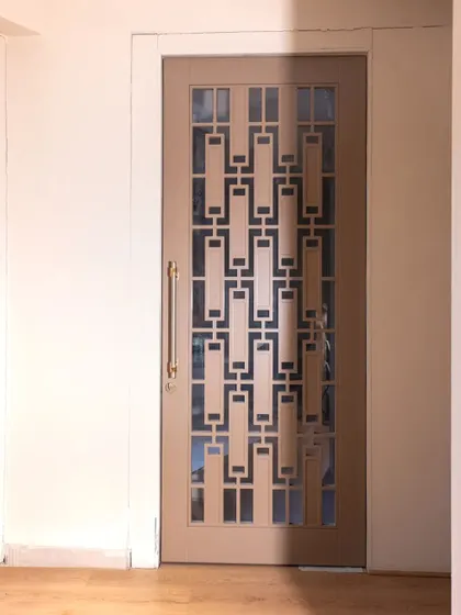 A full view of the PU-painted 'jali' door, highlighting its clean lines and intricate pattern. This door is perfect as a decorative and functional piece.