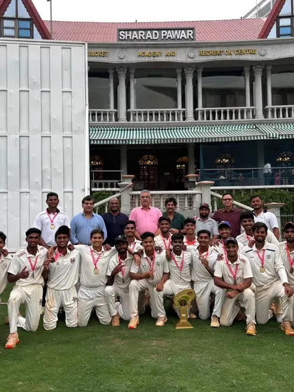 A proud moment for our academy as our boys from the Thane Shahapur centre lift the MCA U-23 Madhav Mantri tournament trophy. This picture captures the joy of a team victory at a prestigious level.