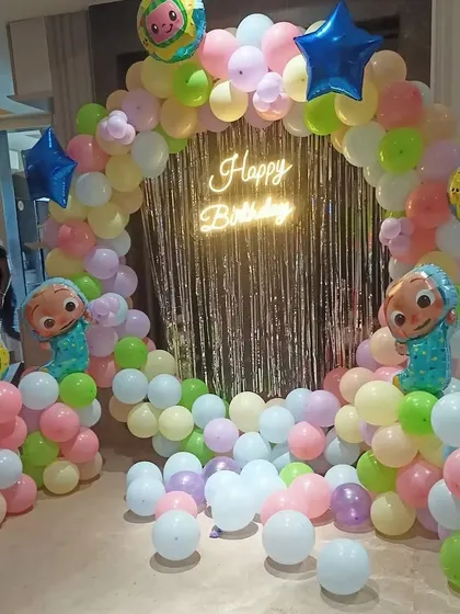 The Cocomelon-themed balloon arch is perfect for creating a photo booth. The pastel colors and character balloons are very popular with young children.