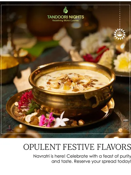 Opulent festive flavors for Navratri. This rich, creamy kheer served in a traditional brass bowl is part of our special menu designed to celebrate the festival with purity and taste.