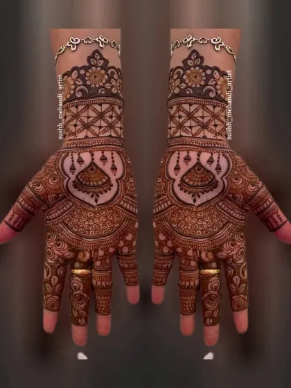 A classic heart-shaped design on the palm, featuring a jhumka motif. This is a popular choice for guests and family members.