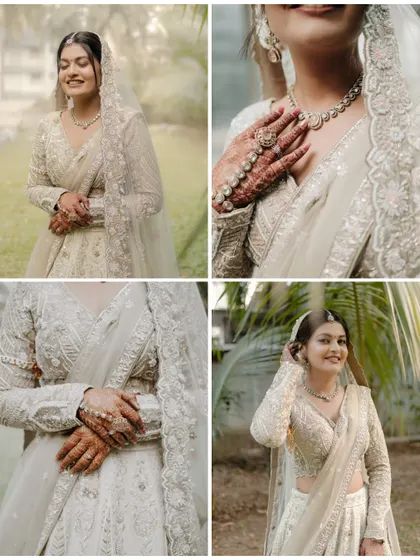 A collage of a bride in her beautiful white lehenga, showing close-ups of her smile, her jewelry, and her intricate henna.
