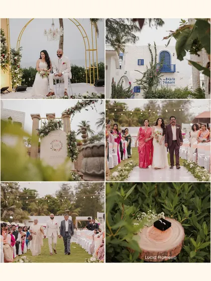 A collage showcasing the key moments and beautiful setting of a beachside Christian wedding in Chennai.