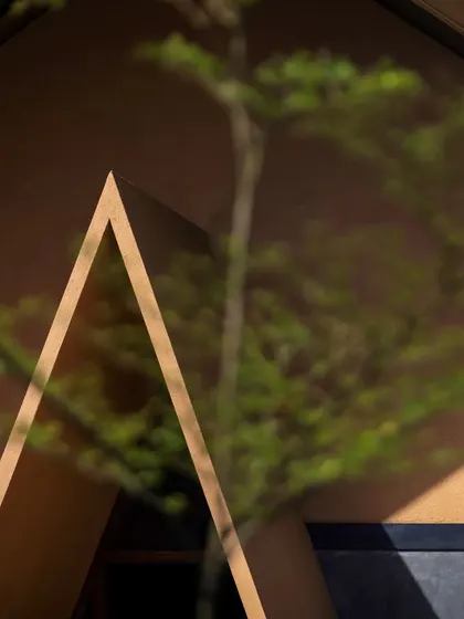A detail of the A-frame architectural motif at Teyla, seen through the foliage of a nearby tree, emphasizing the project's connection to its natural setting.