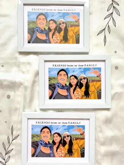 "Friends become our chosen Family." A set of three custom illustration frames created as a gift for a group of best friends.