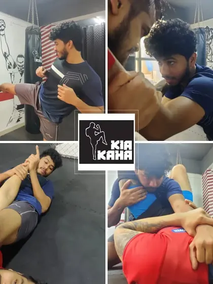 A collage showing the variety of training we offer: kickboxing on the heavy bag, grappling, and submission holds. It's a place to learn something new and stay fit.