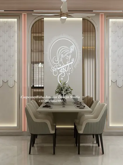 A stunning dining room featuring a backlit Krishna motif on a glass panel. The surrounding wall panels and elegant chairs create a space that is both divine and perfect for entertaining.